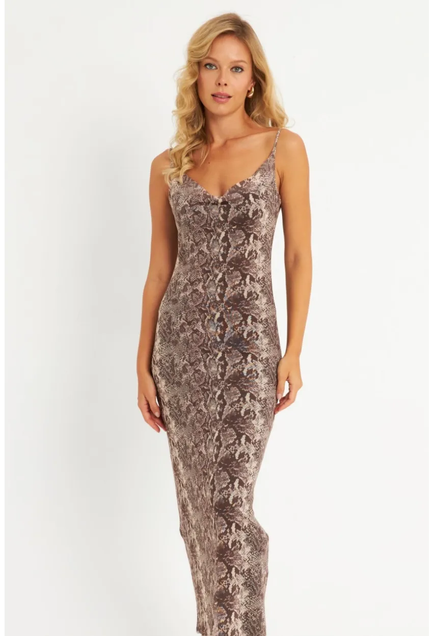 Kadın Taş Yılan Desenli Astarlı Midi Yılbaşı Elbise GÇ180