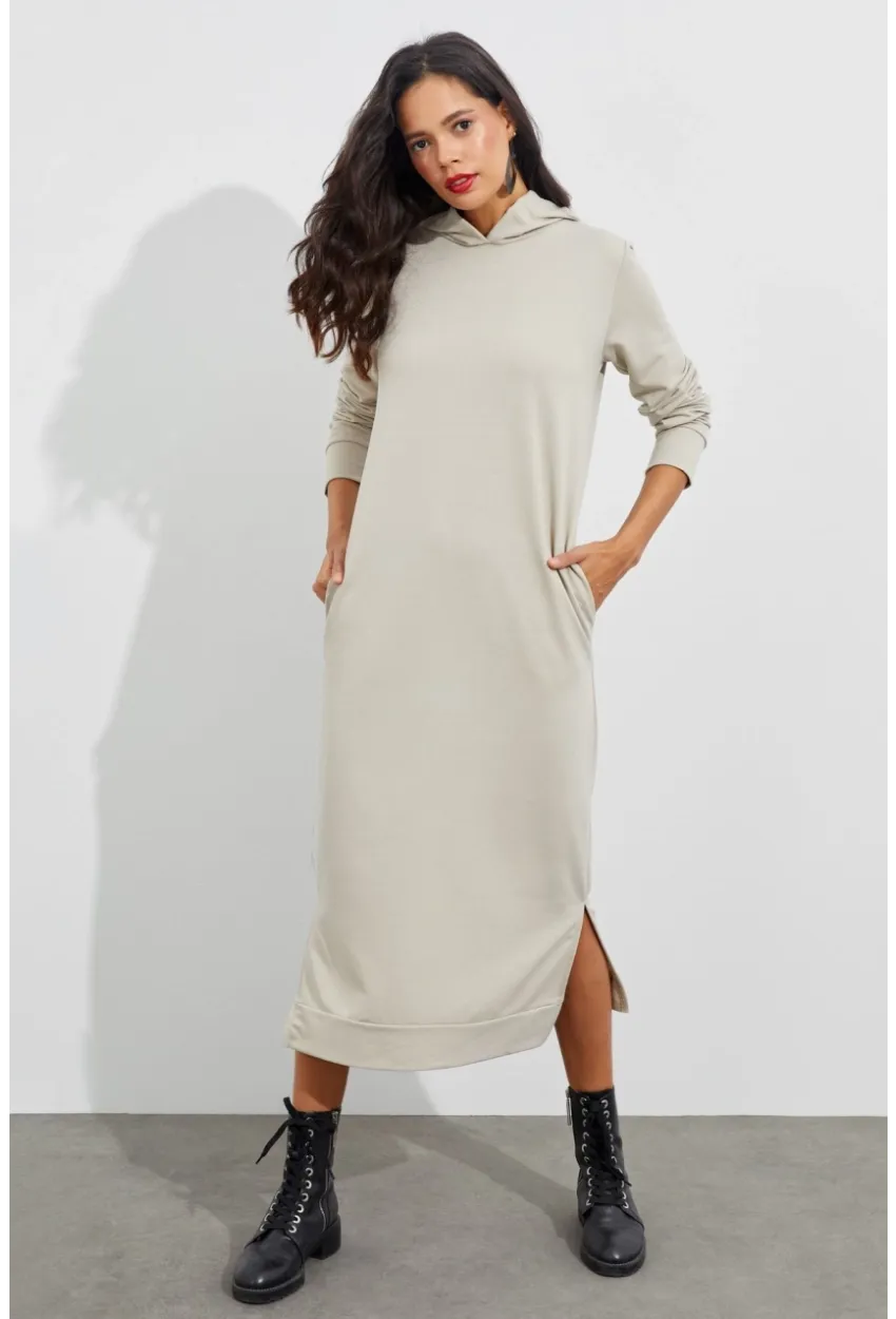 Kadın Taş Yırtmaçlı Kapüşonlu Maxi Elbise EY1111