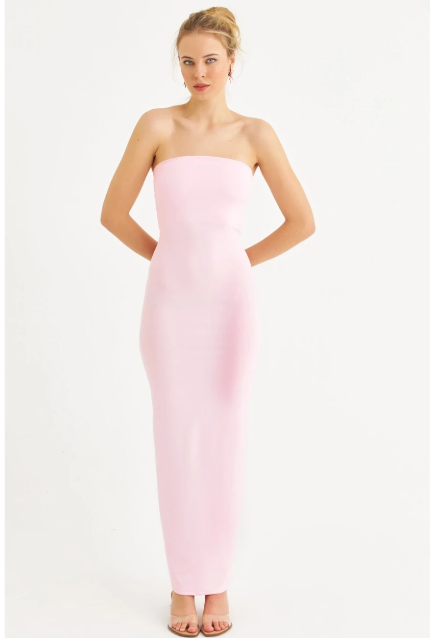 Kadın Toz Pembe Straplez Yırtmaçlı Midi Elbise XC005