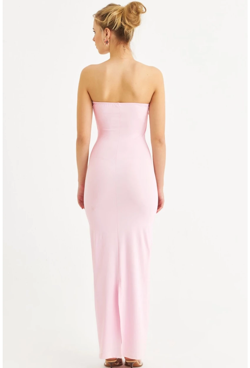 Kadın Toz Pembe Straplez Yırtmaçlı Midi Elbise XC005