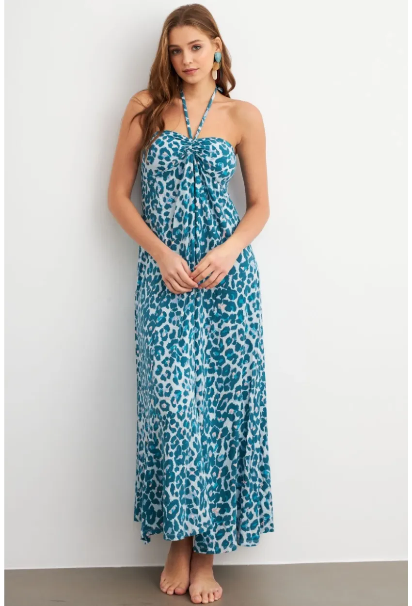 Kadın Turkuaz Büzgülü Desenli Midi Elbise KAB304
