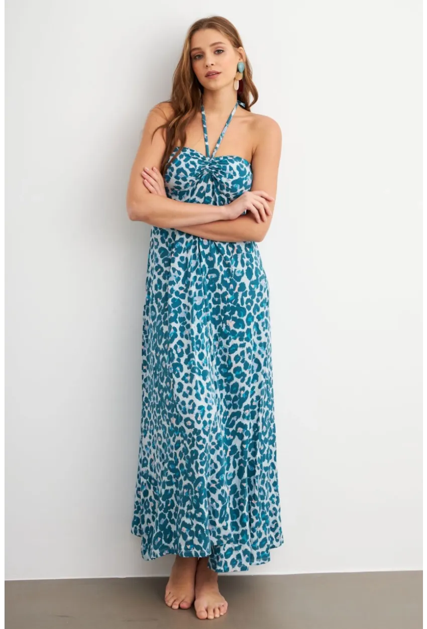 Kadın Turkuaz Büzgülü Desenli Midi Elbise KAB304