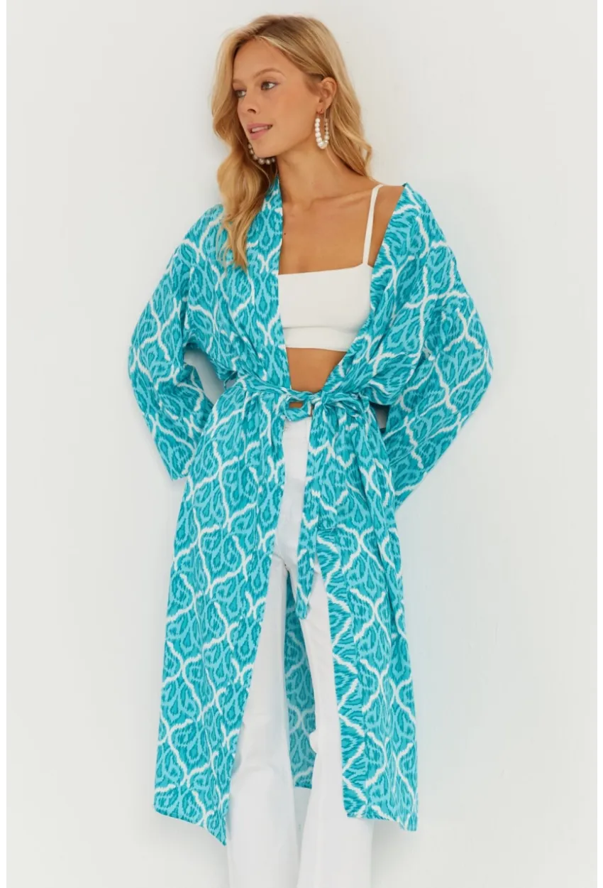 Kadın Turkuaz Desenli Kimono GÇ155