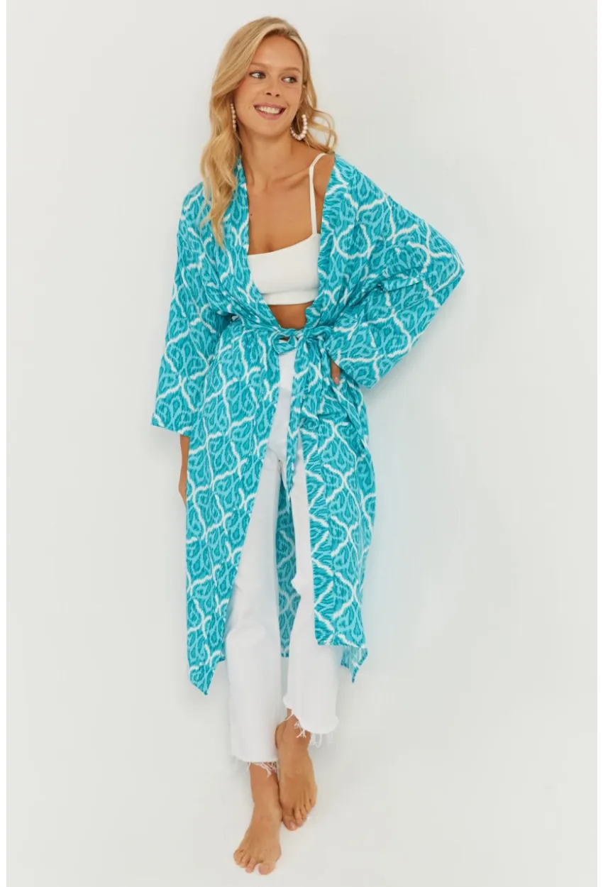 Kadın Turkuaz Desenli Kimono GÇ155
