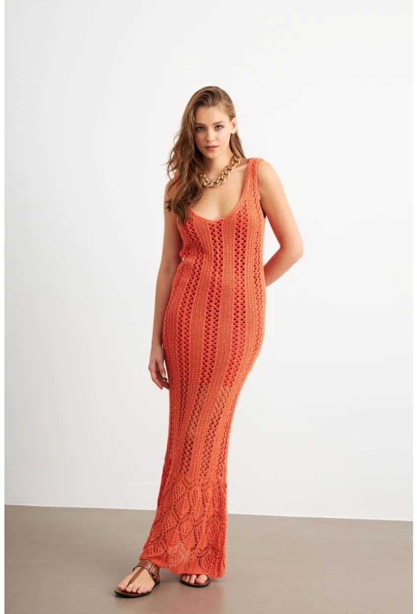 Kadın Turuncu Astarlı Ajurlu Maxi Elbise MBE15001