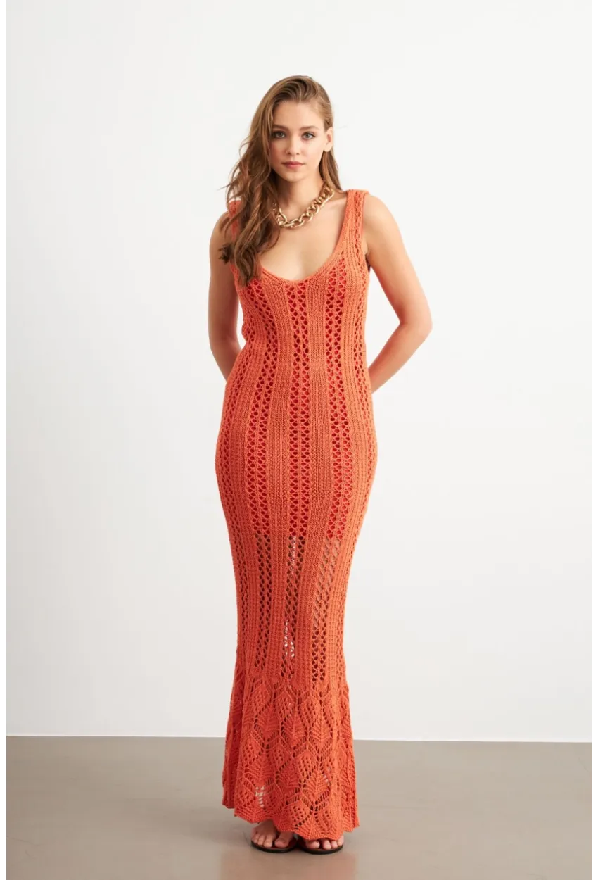 Kadın Turuncu Astarlı Ajurlu Maxi Elbise MBE15001