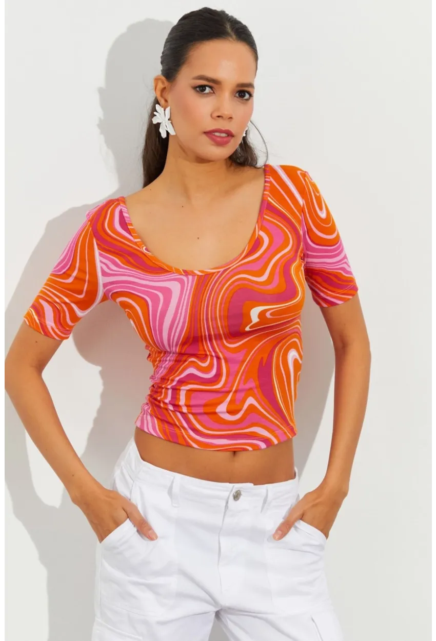 Kadın Turuncu Desenli Bluz LPP1224