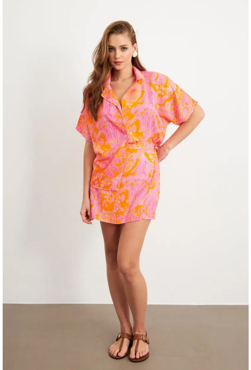 Kadın Turuncu Desenli Gömlek Şort Takım Q1007