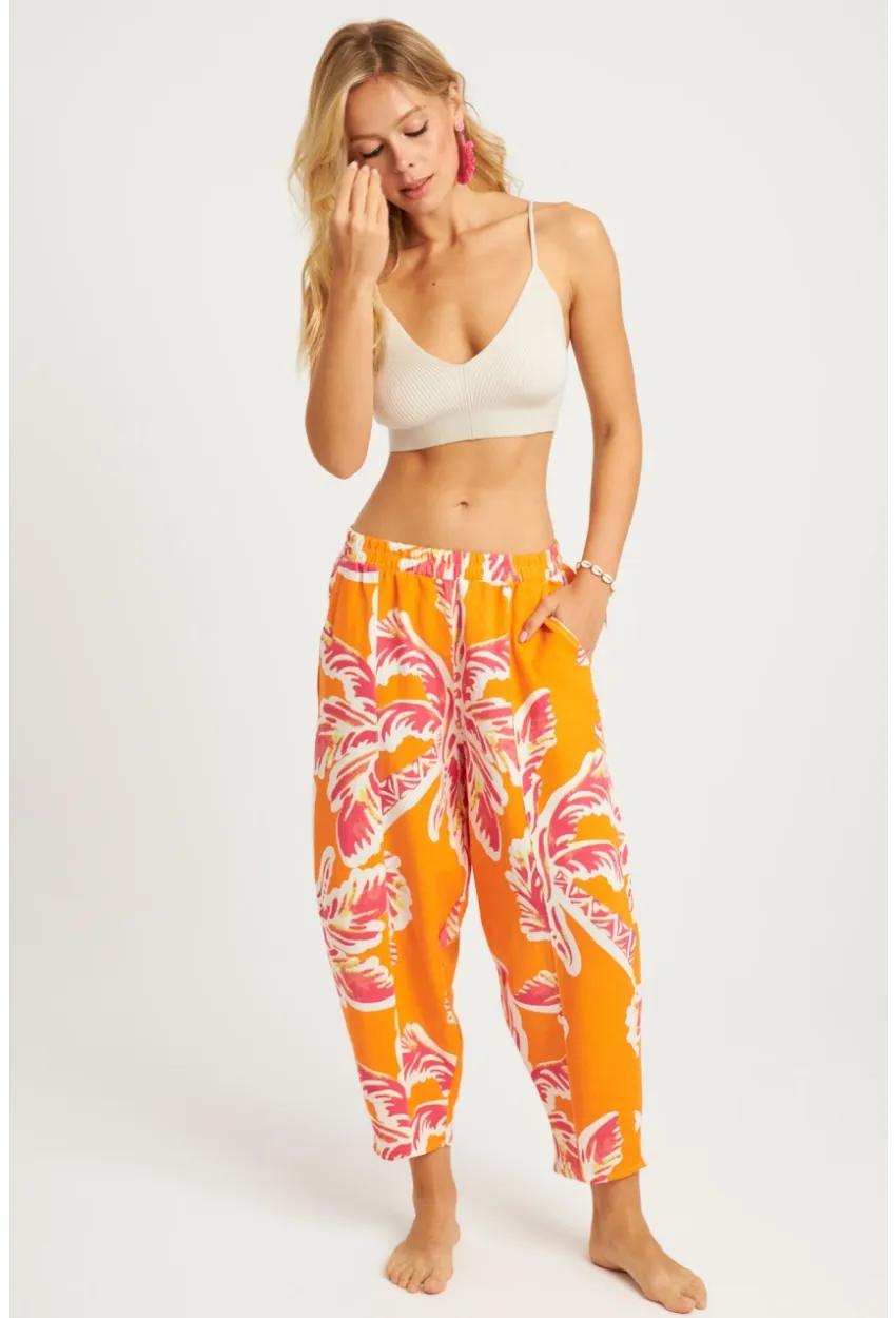 Kadın Turuncu Desenli Keten Şalvar Pantolon K1253