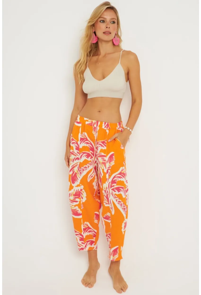 Kadın Turuncu Desenli Keten Şalvar Pantolon K1253
