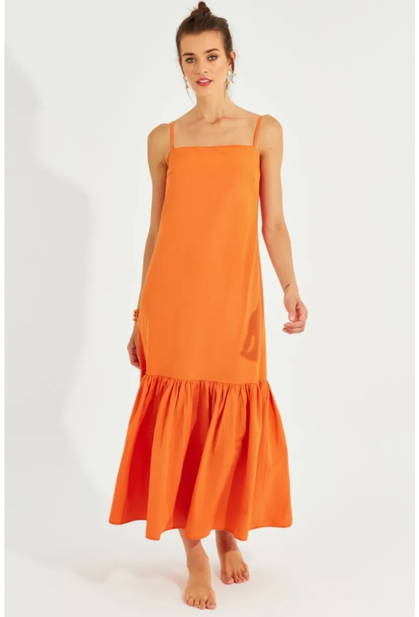 Kadın Turuncu Eteği Volanlı Askılı Midi Elbise MEN2001