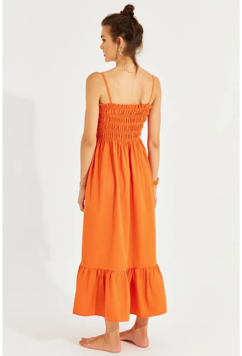 Kadın Turuncu Gipeli Askılı Midi Elbise MEN2000