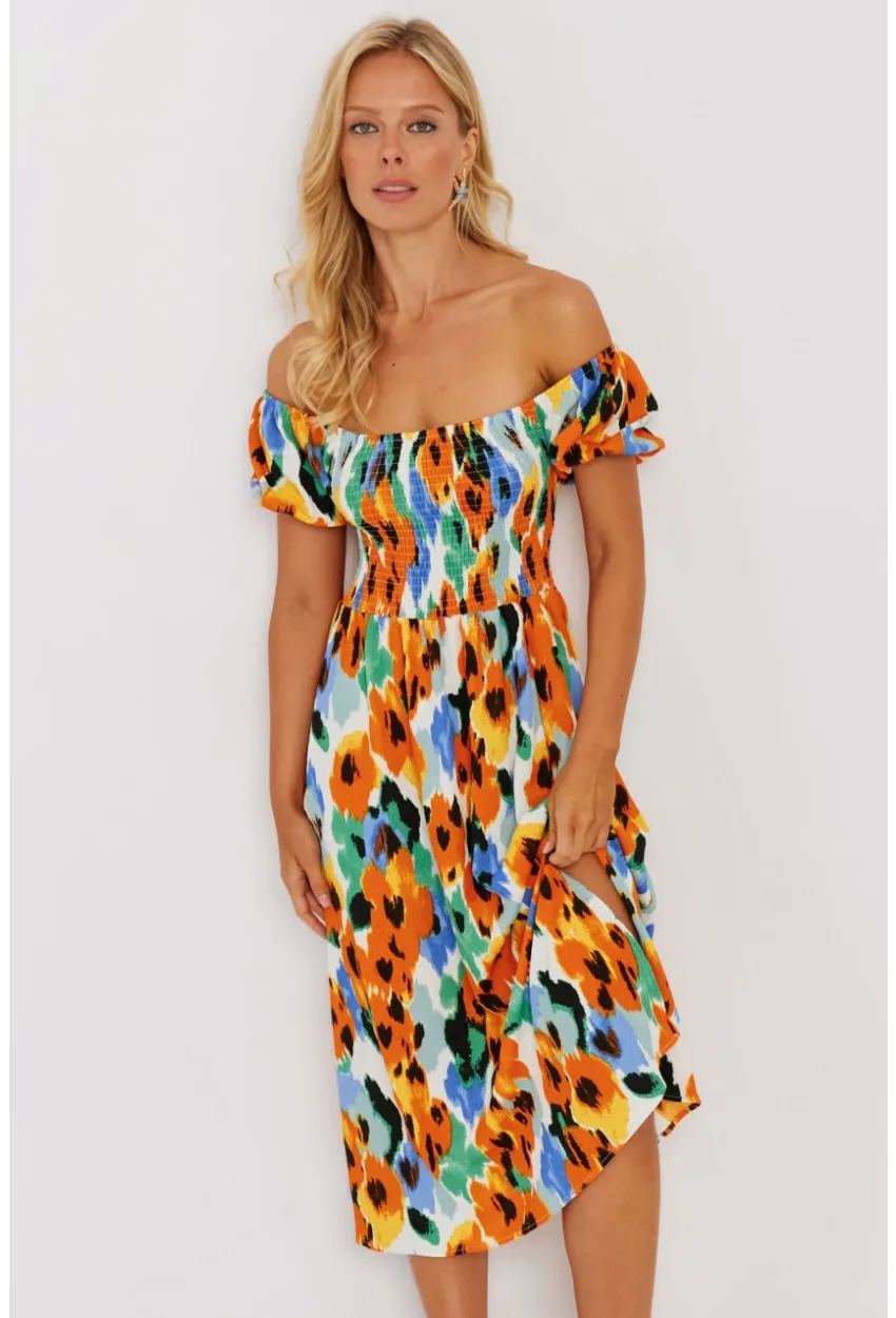 Kadın Turuncu Gipeli Desenli Midi Elbise MON126