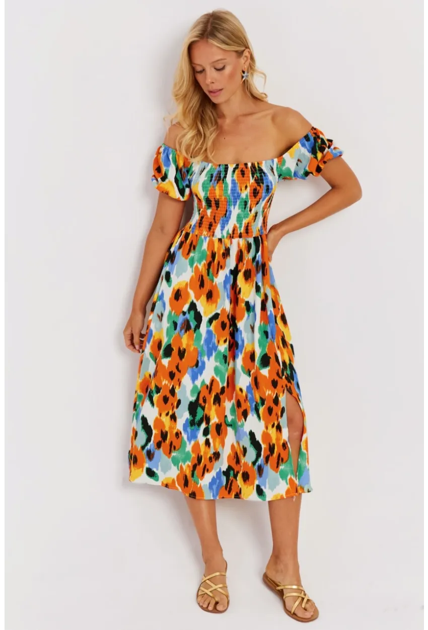 Kadın Turuncu Gipeli Desenli Midi Elbise MON126