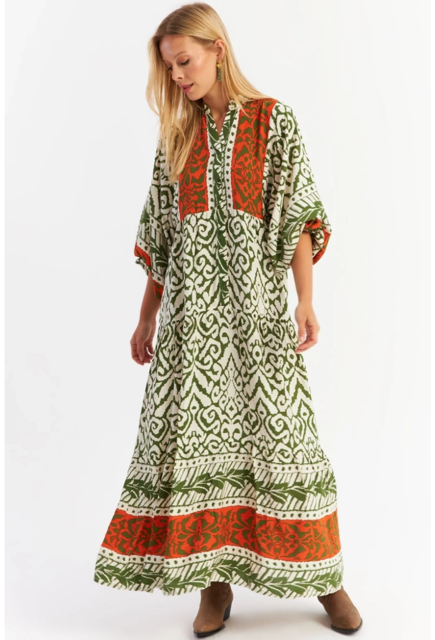 Kadın Turuncu-Haki Volanlı Maxi Elbise MALO11