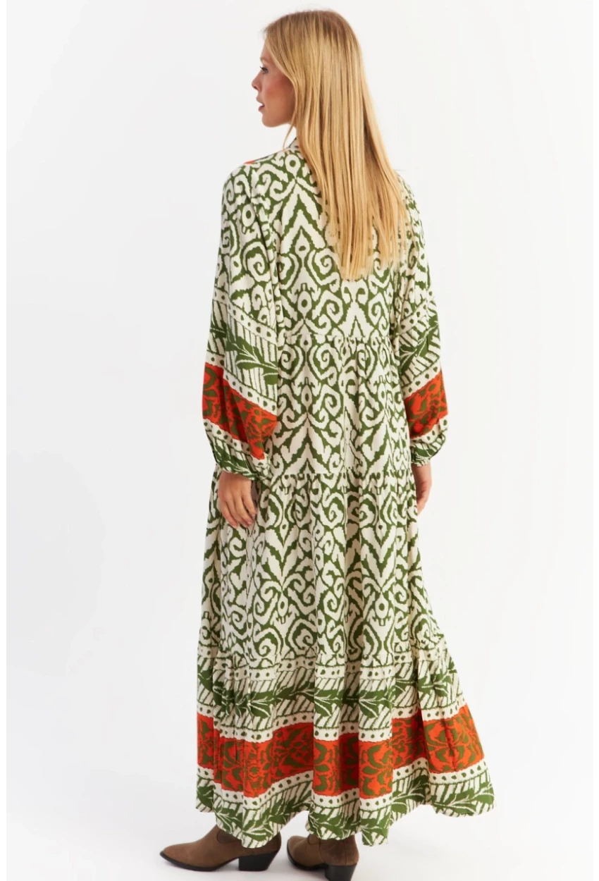 Kadın Turuncu-Haki Volanlı Maxi Elbise MALO11