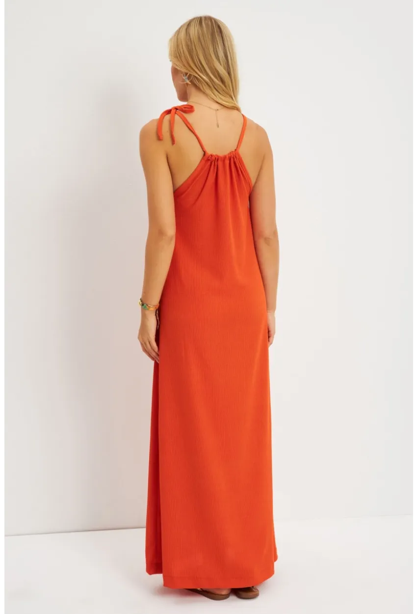 Kadın Turuncu Halter Yaka Bürümcük Midi Elbise EY2788