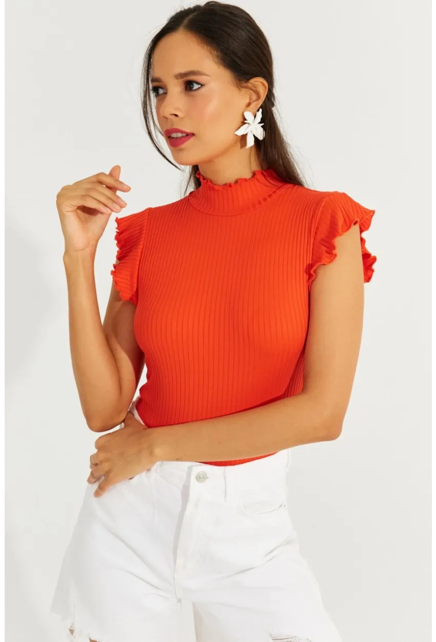 Kadın Turuncu Kolları Fırfırlı Fitilli Bluz TH1092