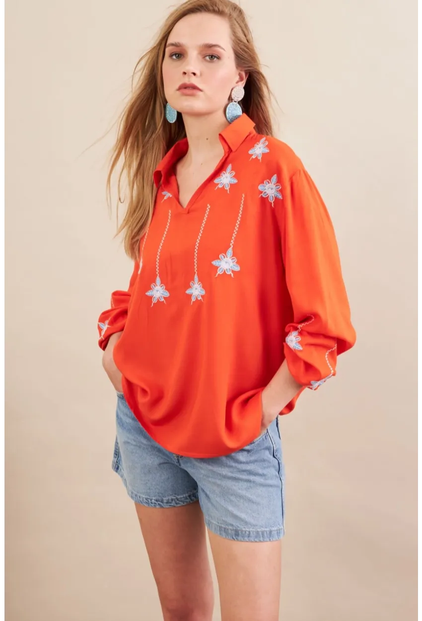 Kadın Turuncu Nakışlı Bluz MPC1345