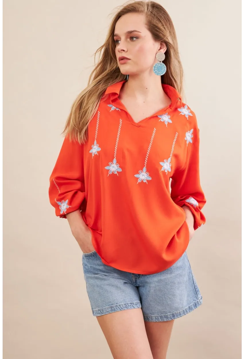 Kadın Turuncu Nakışlı Bluz MPC1345