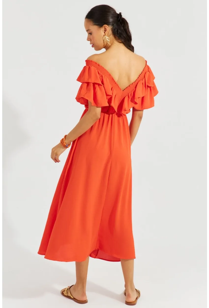 Kadın Turuncu Ön Arka V Volanlı Elbise KS113