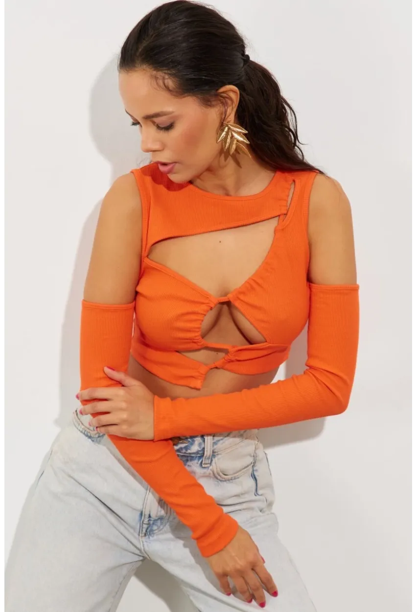 Kadın Turuncu Pencereli Kaşkorse Crop Bluz B2403