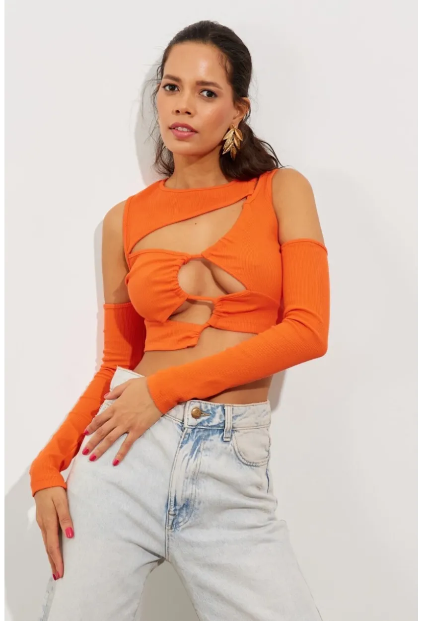 Kadın Turuncu Pencereli Kaşkorse Crop Bluz B2403