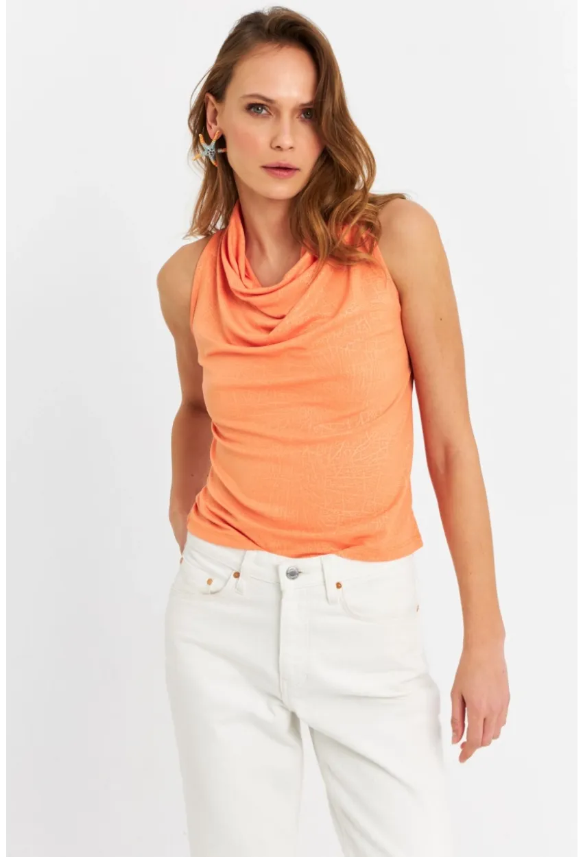 Kadın Turuncu Sırt Pencereli Desenli Bluz LPP1021