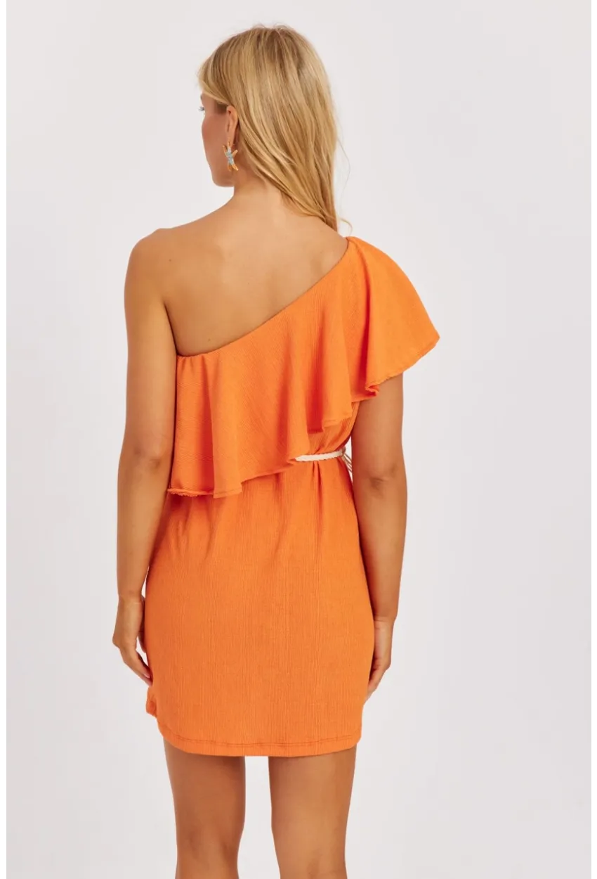 Kadın Turuncu Tek Omuz Mini Elbise EY2778