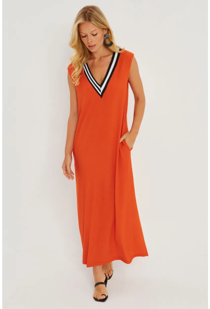 Kadın Turuncu V Yaka Bloklu Maxi Elbise EY2779