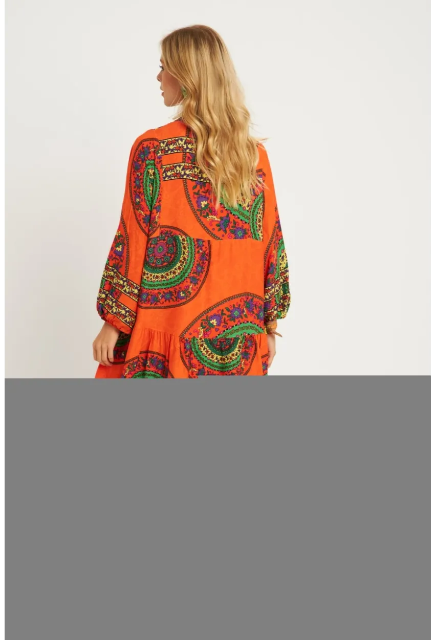 Kadın Turuncu-Yeşil Desenli Midi Elbise GÇ169