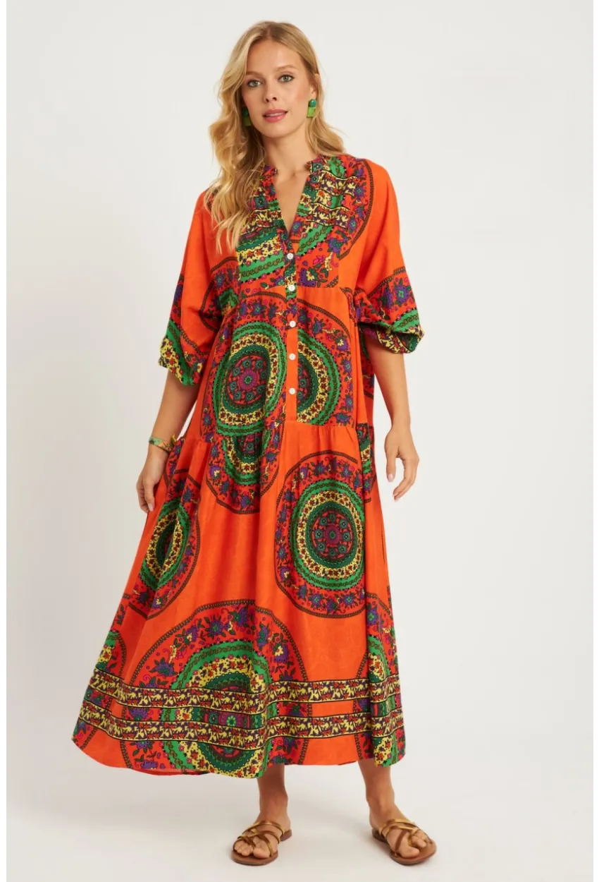 Kadın Turuncu-Yeşil Desenli Midi Elbise MGÇ169