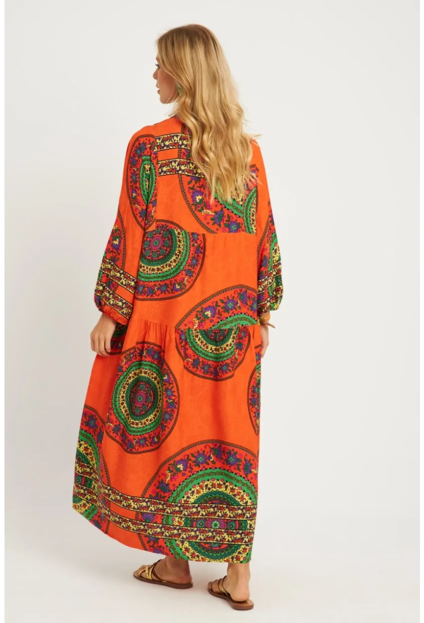 Kadın Turuncu-Yeşil Desenli Midi Elbise MGÇ169