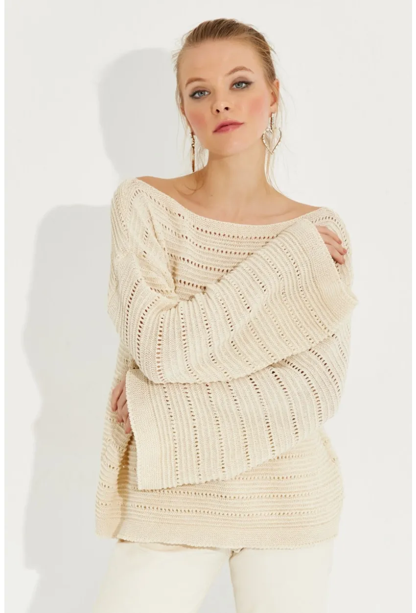 Kadın Vanilya Ajurlu Triko Bluz YV213