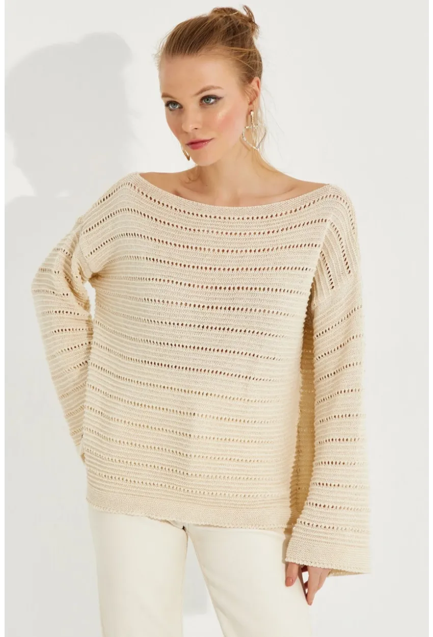 Kadın Vanilya Ajurlu Triko Bluz YV213