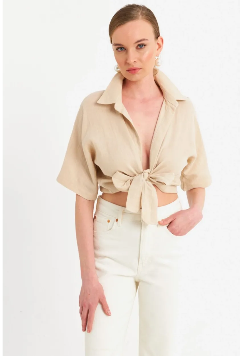 Kadın Vanilya Bağlamalı Keten Bluz BTH16