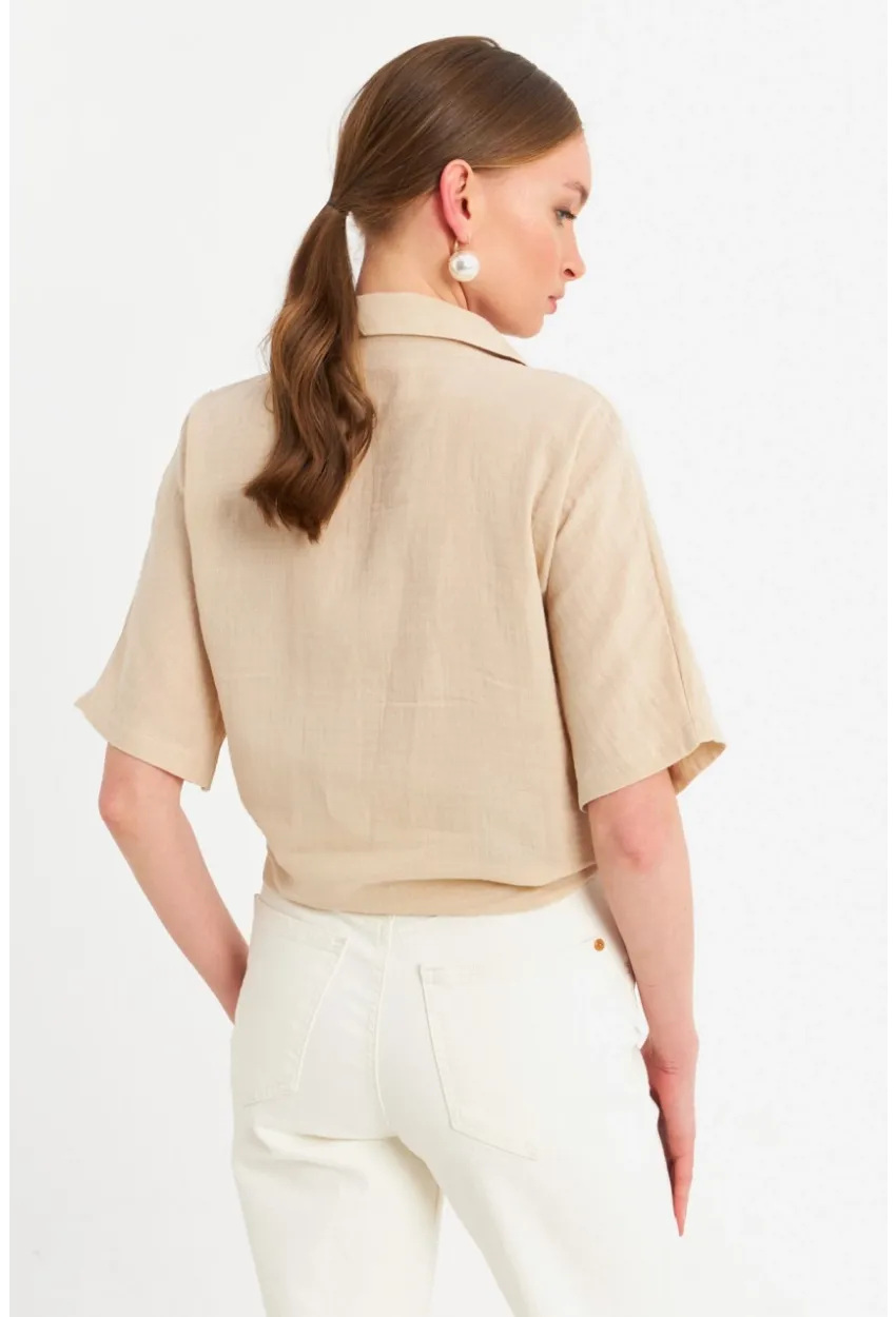 Kadın Vanilya Bağlamalı Keten Bluz BTH16