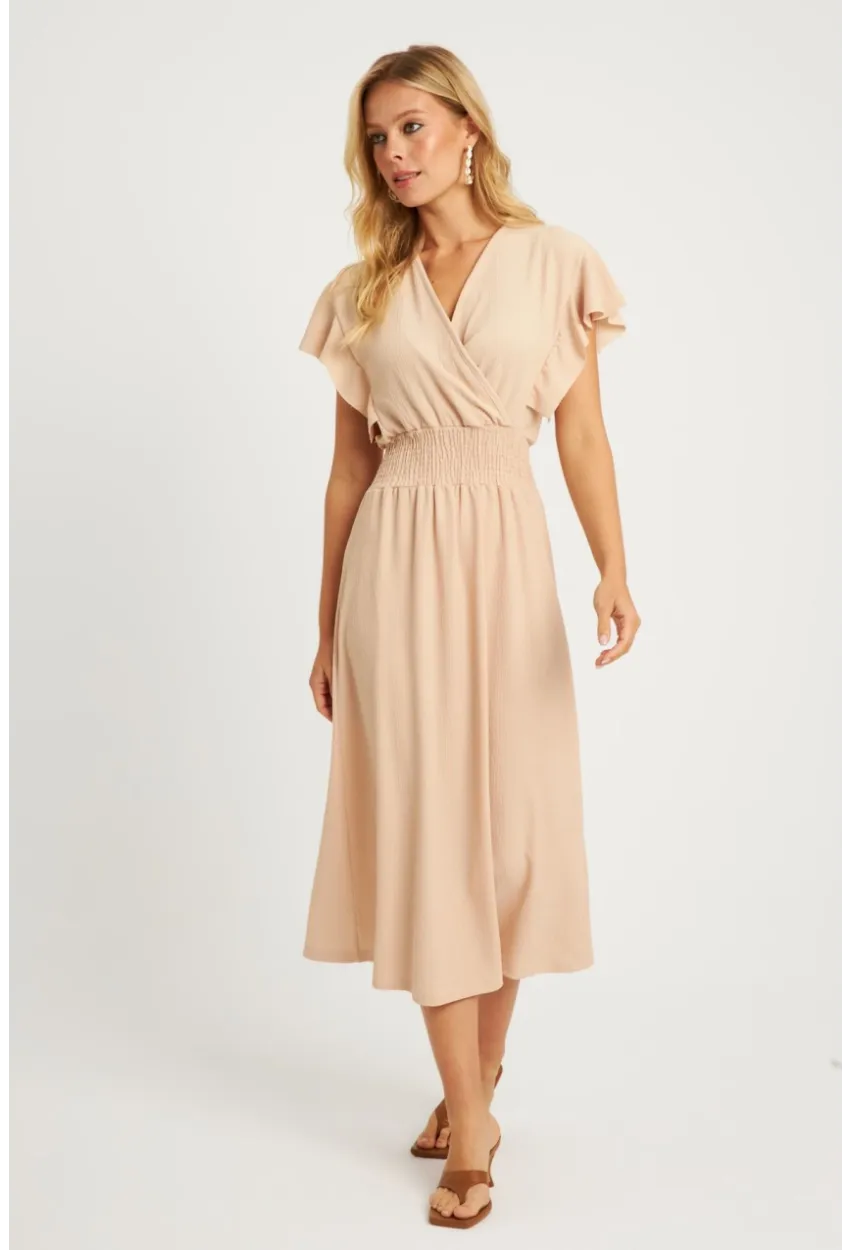 Kadın Vanilya Bürümcük Kruvaze Midi Elbise XL2008