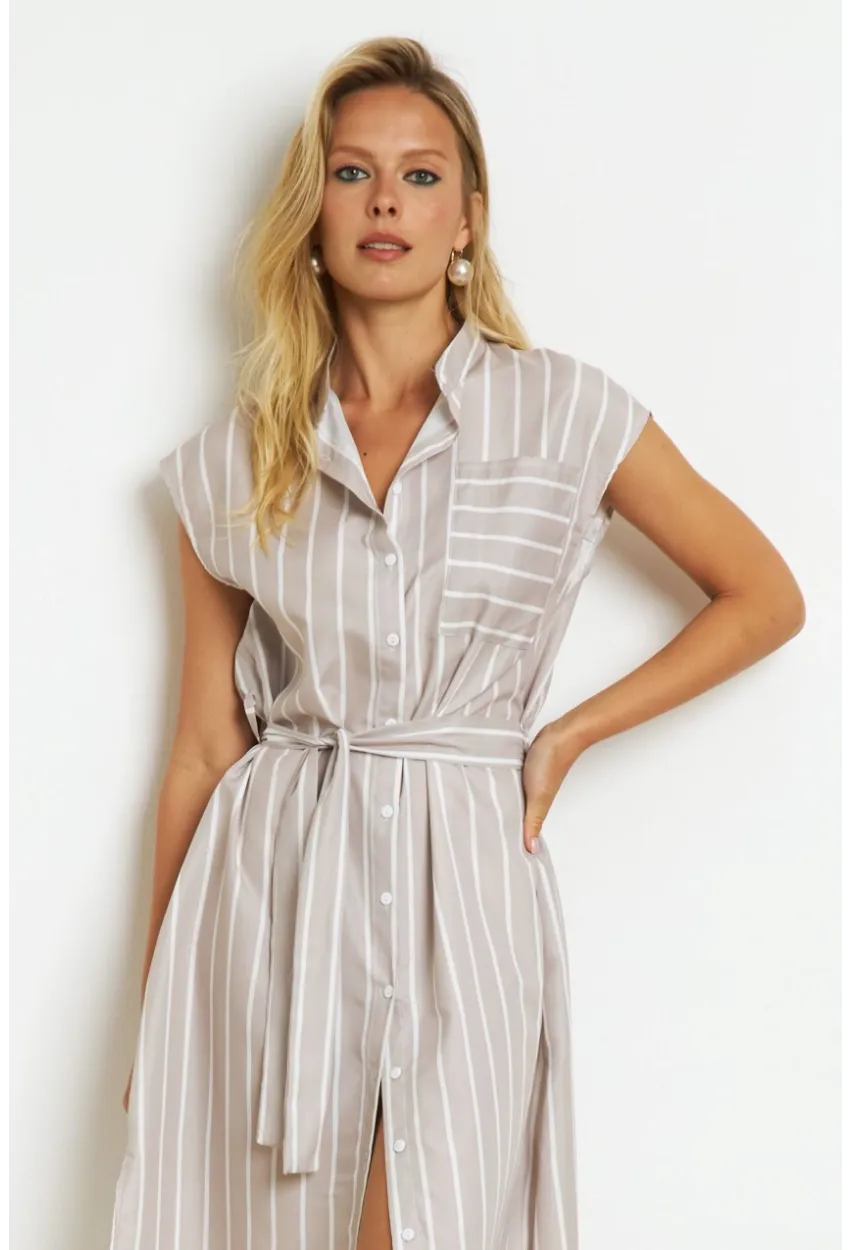 Kadın Vanilya Çizgili Midi Gömlek Elbise SF1000
