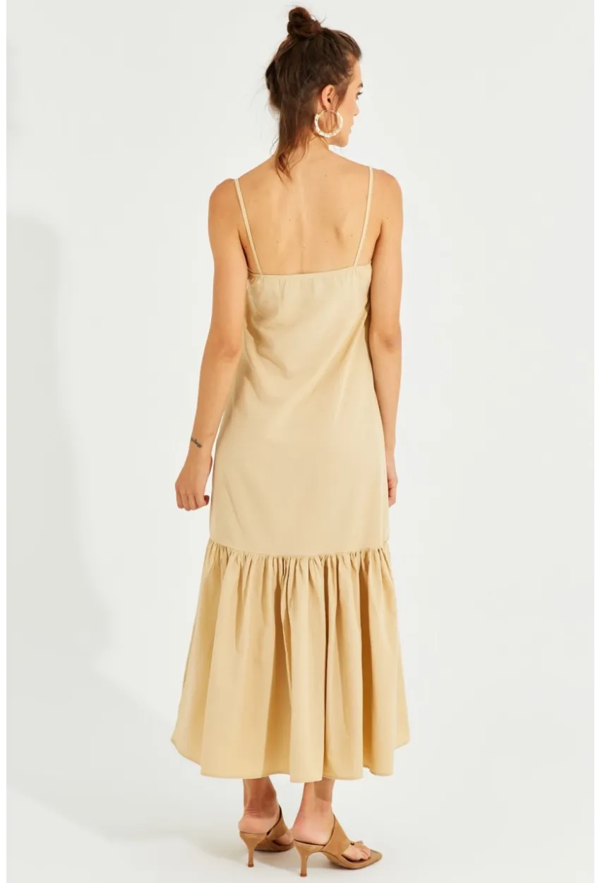 Kadın Vanilya Eteği Volanlı Askılı Midi Elbise MEN2001