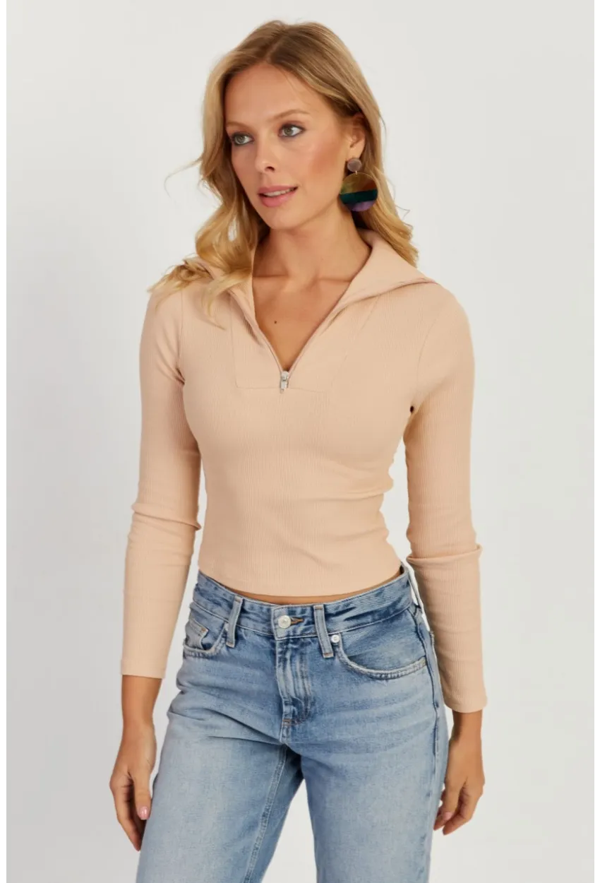 Kadın Vanilya Fermuarlı Kısa Bluz CY336