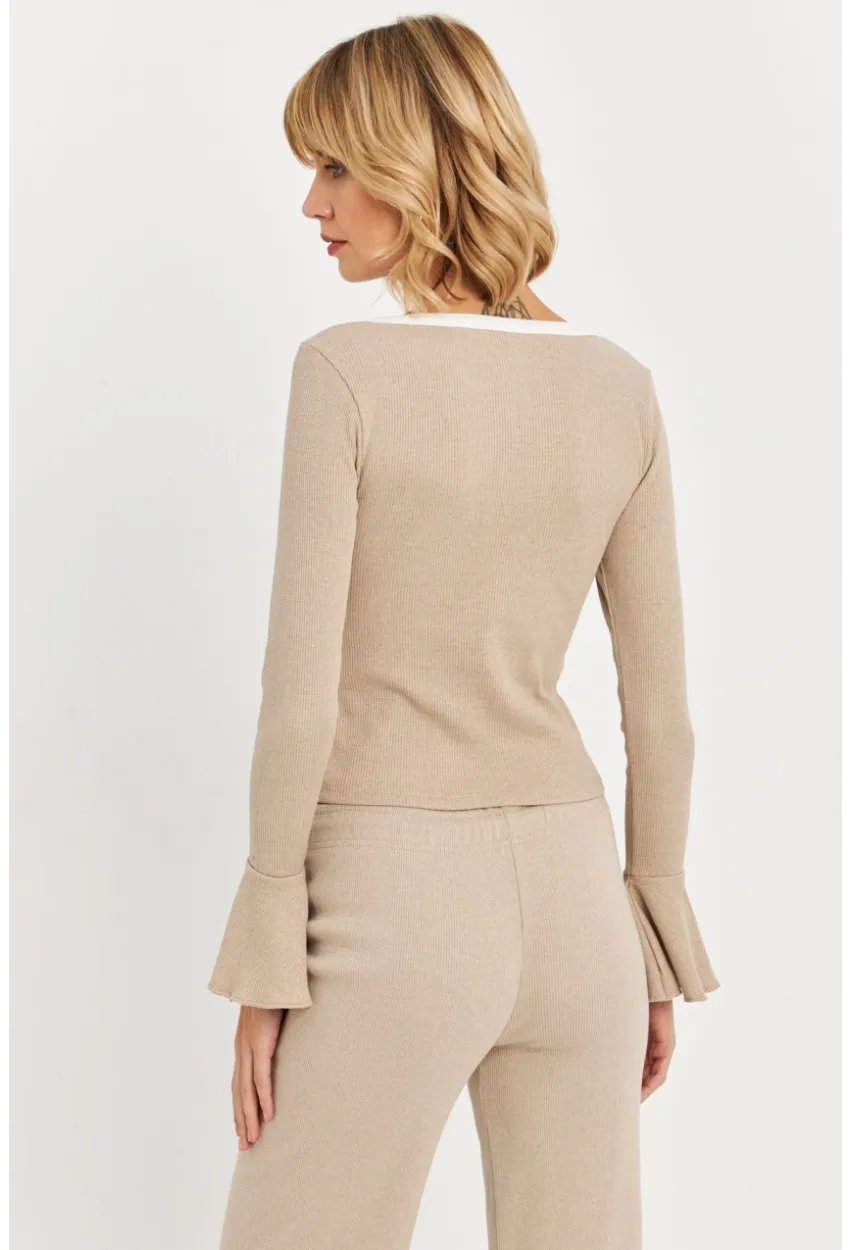 Kadın Vanilya Kontrast Yaka İspanyol Kol Bluz ALB3105