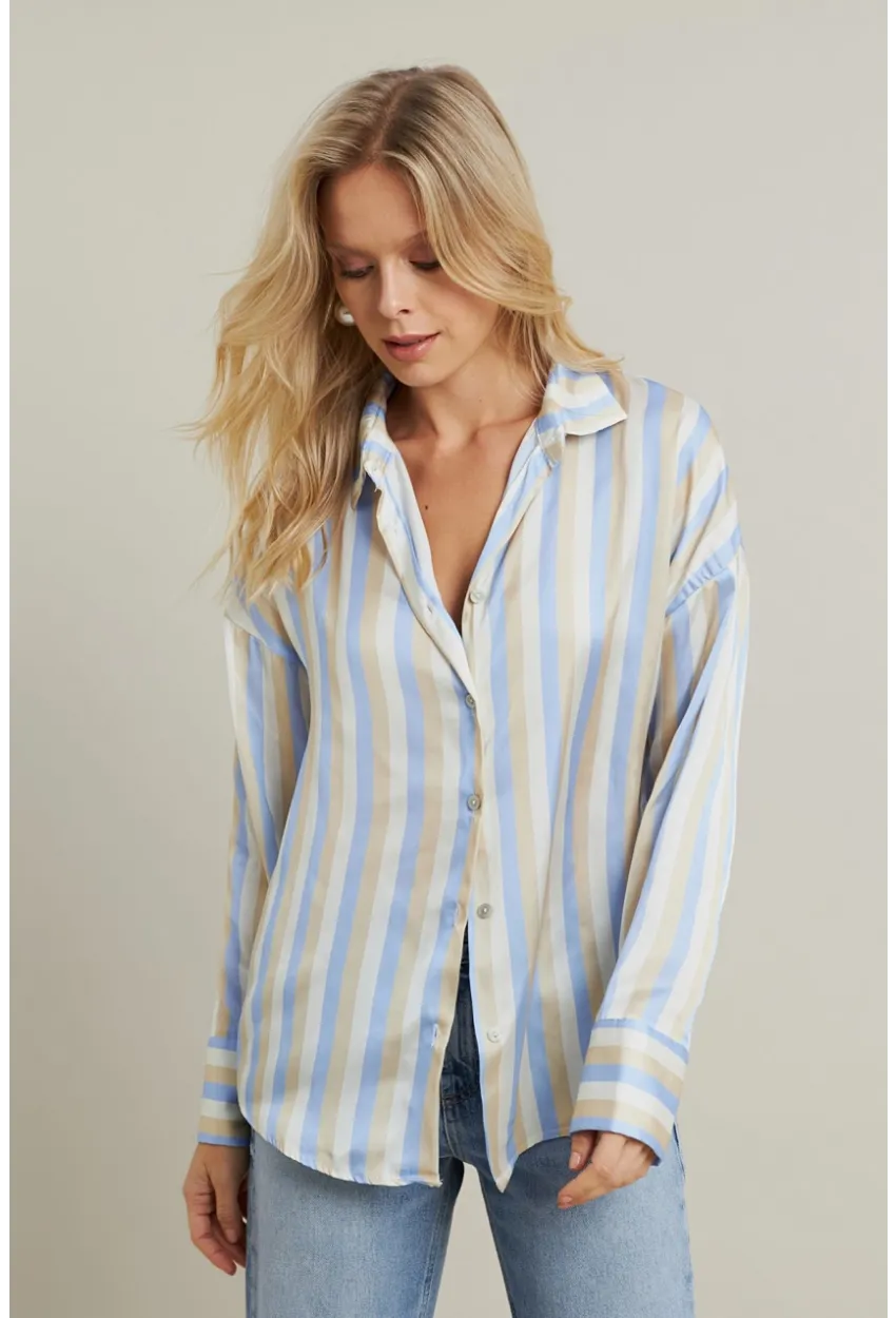 Kadın Vanilya-Mavi Desenli Saten Gömlek MSHR9
