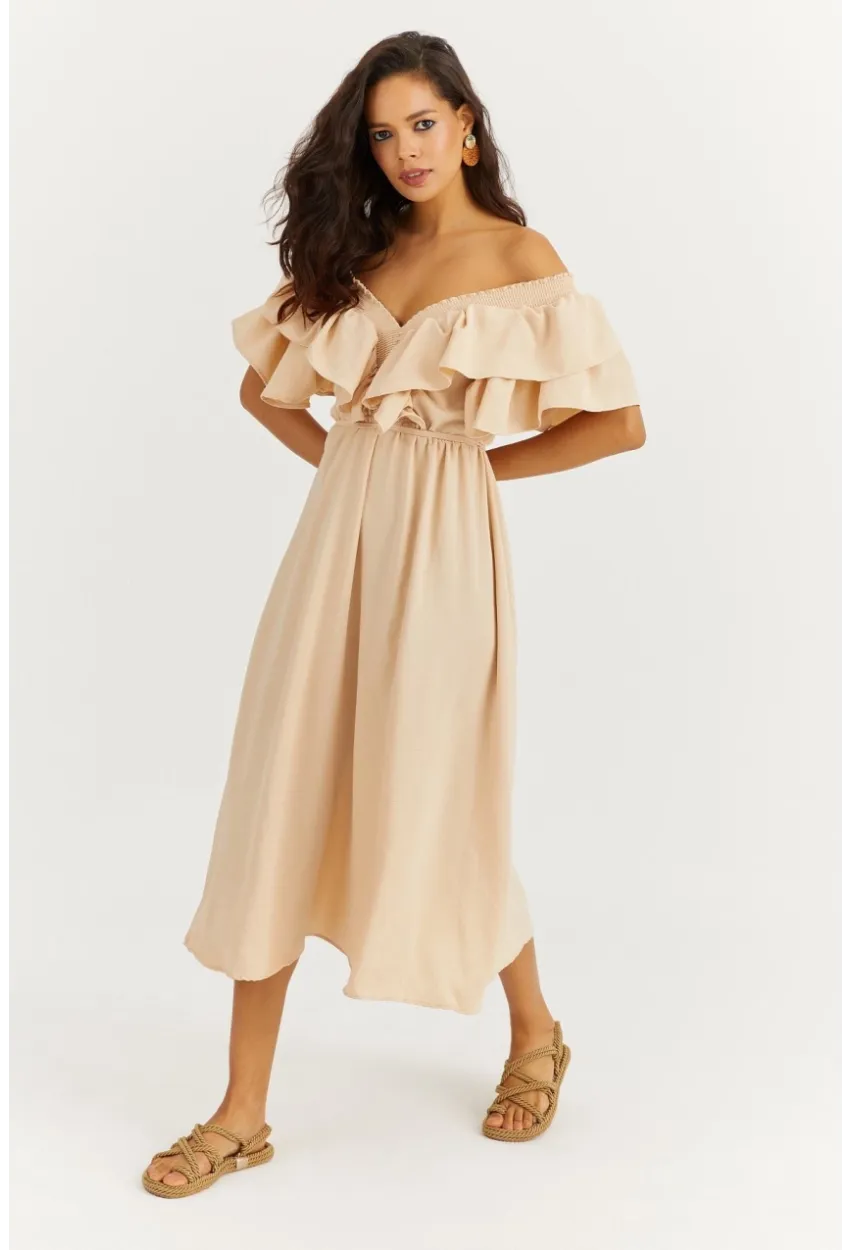Kadın Vanilya Ön Arka V Volanlı Elbise KS113