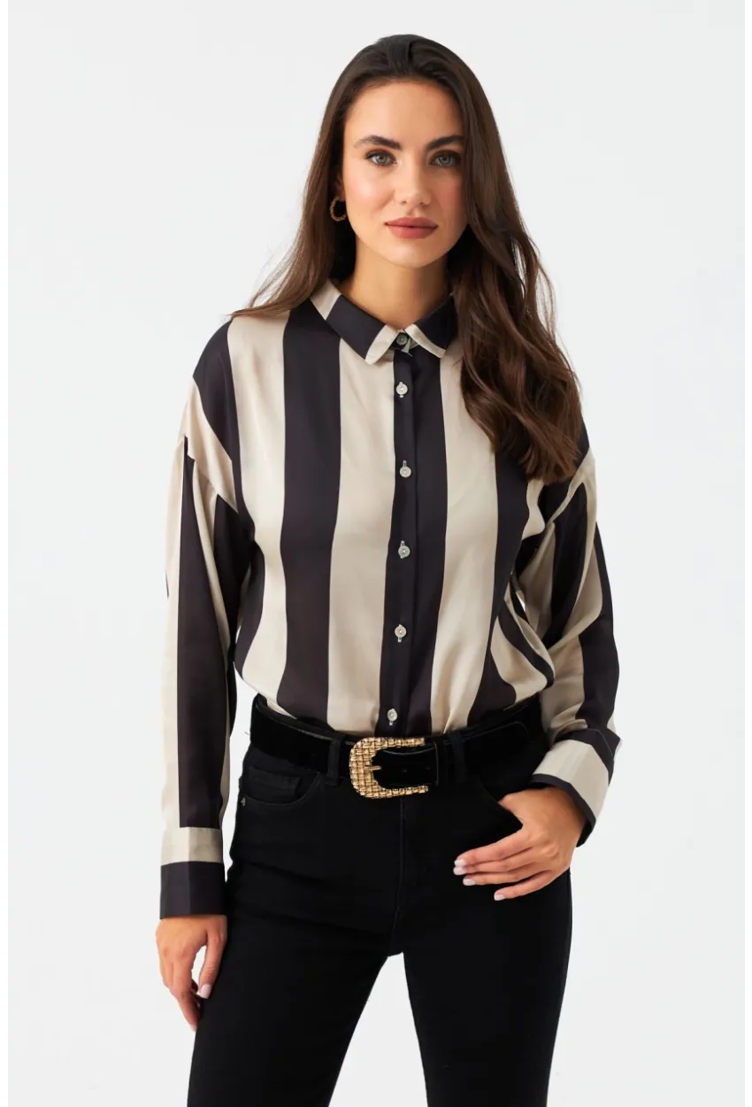 Kadın Vanilya-Siyah Desenli Saten Gömlek MSHR500