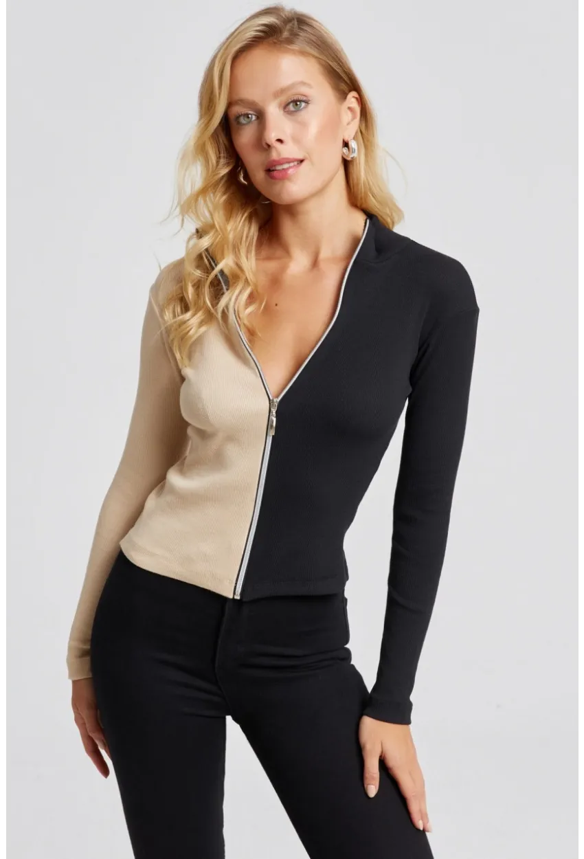 Kadın Vanilya-Siyah Renk Bloklu Kaşkorse Bluz EY2586