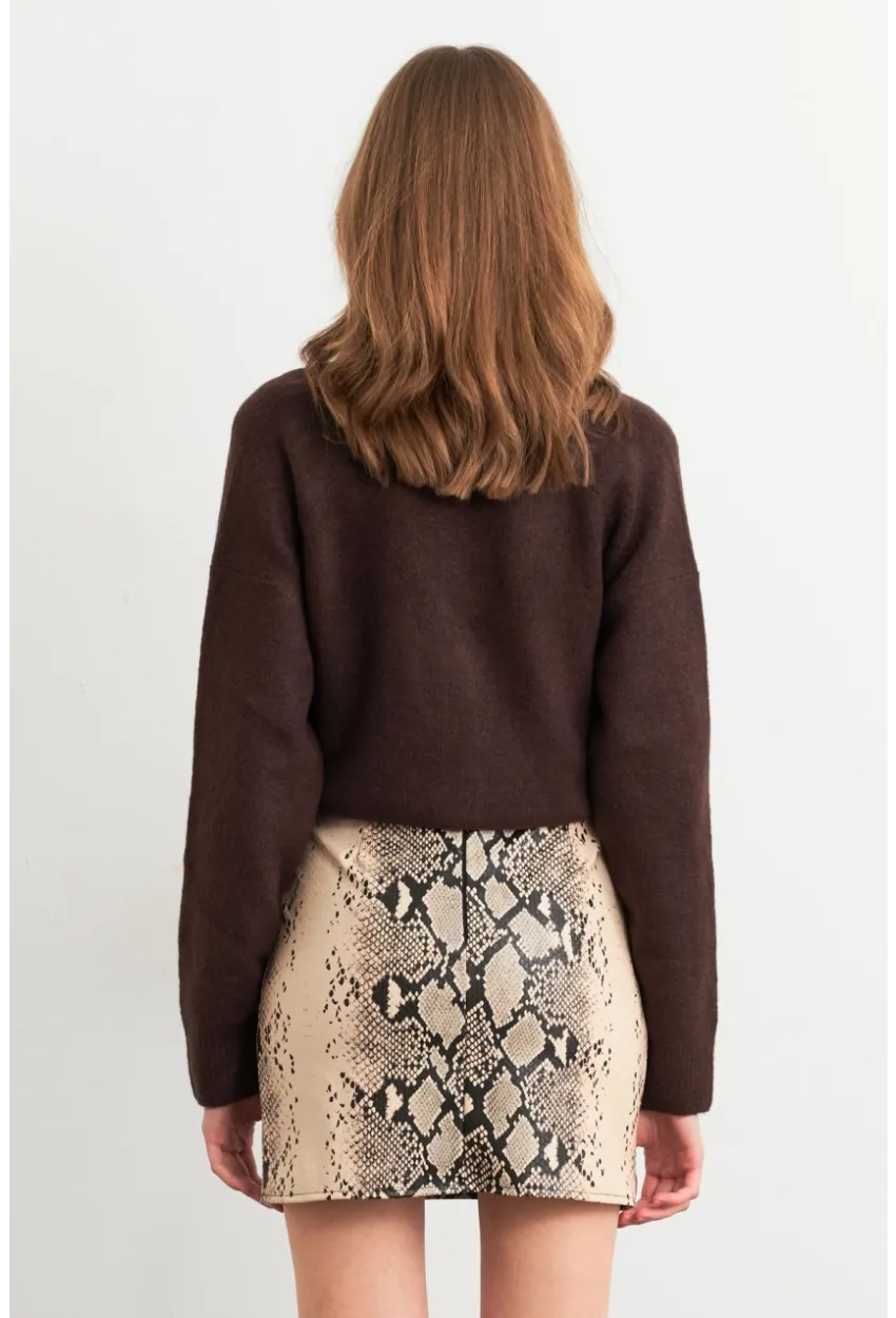 Kadın Vanilya-Siyah Suni Deri Yılan Desenli Mini Etek NH24475