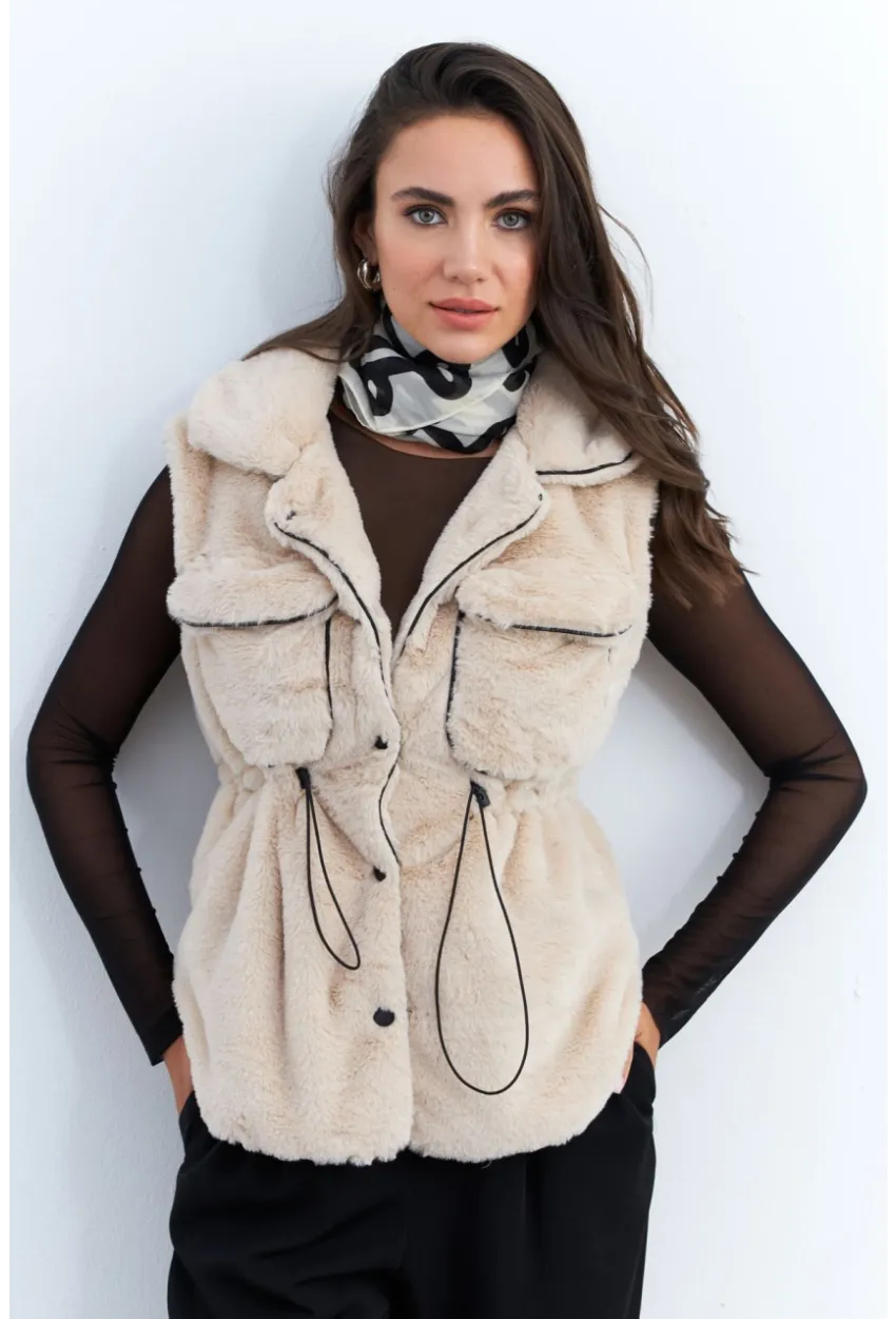 Kadın Vanilya Suni Kürk Cepli Yelek MK66