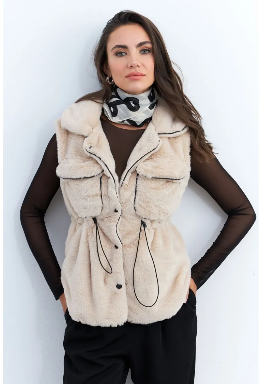 Kadın Vanilya Suni Kürk Cepli Yelek MK66