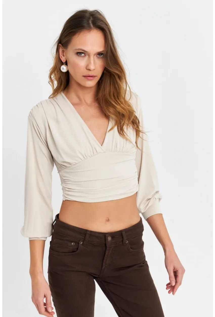 Kadın Vanilya V Yaka Büzgülü Crop Bluz SB309-90